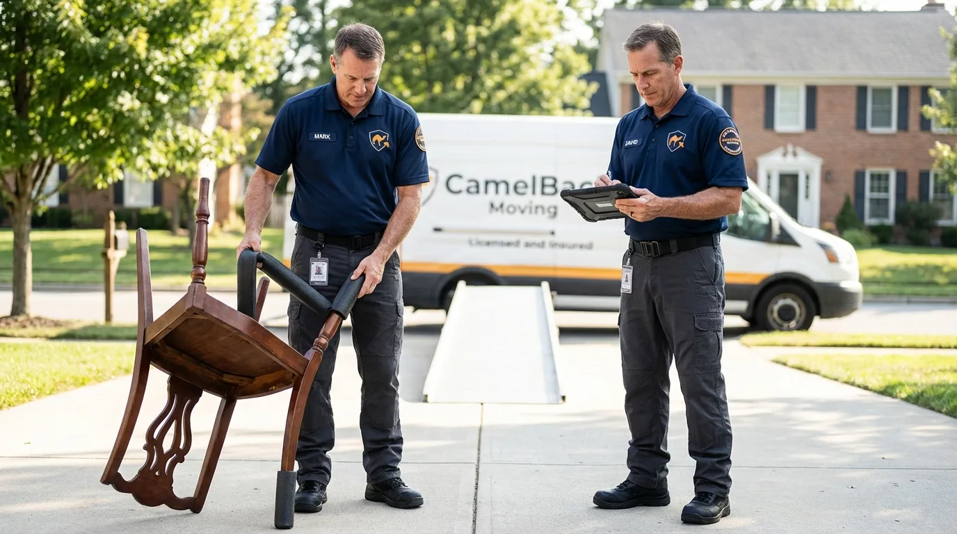 Movers inspecting furniture for damage prevention before loading in Buellton, CA